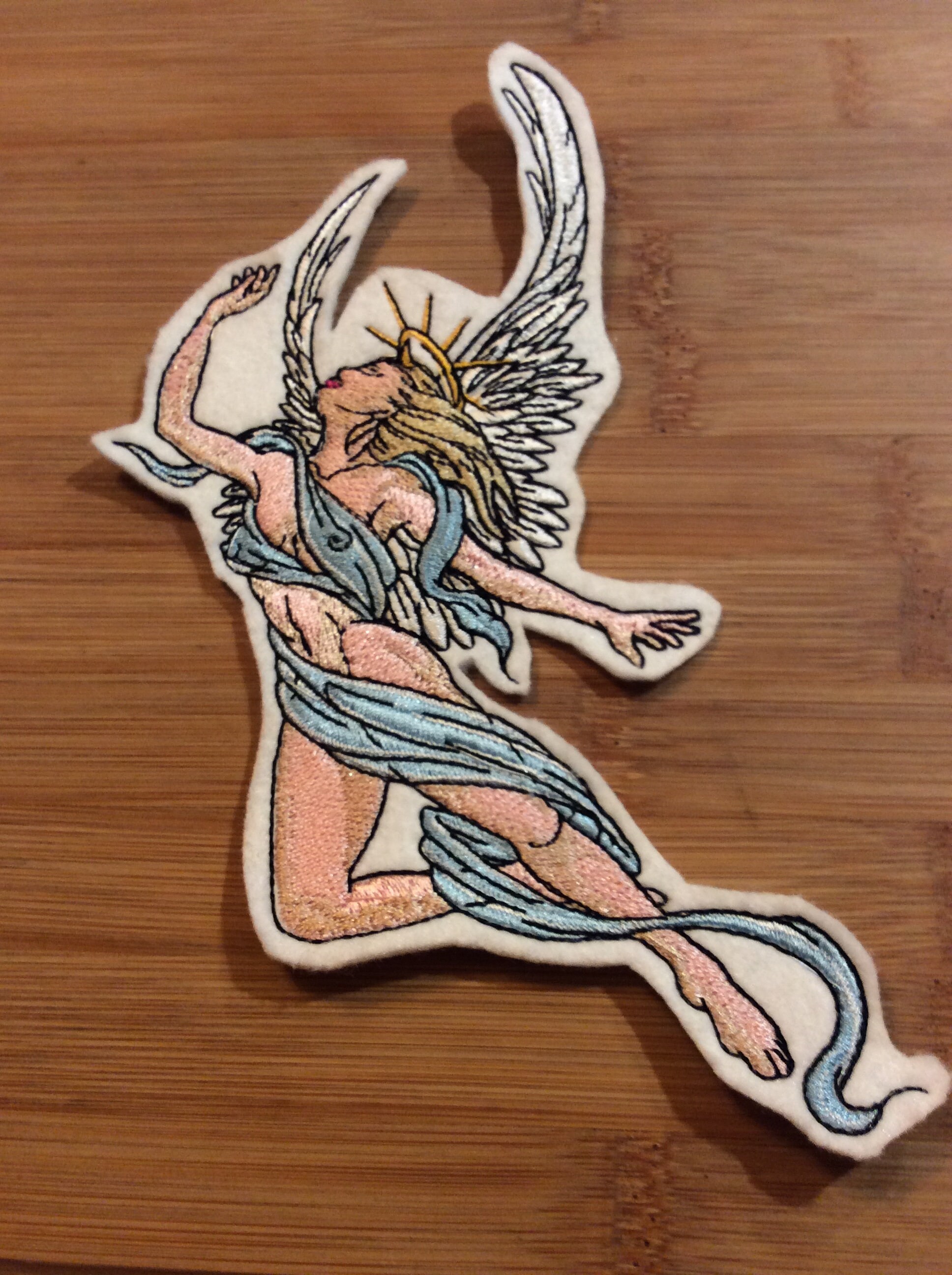 Embroidered Semi-Nude Angel with Blue Ribbon Sew/Iron-On Patch 2 Sizes Available by Twistedstitcher 2018 Located in Abbotsford BC Canada - Thumbnail 5
