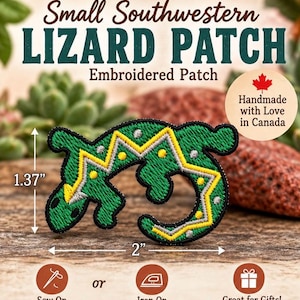 May include: An embroidered lizard patch featuring a green body with a yellow zigzag pattern, small silver dots, and a black border. The patch measures 3.48 cm in height and 5.08 cm in width. Text includes Small Southwestern LIZARD PATCH.
