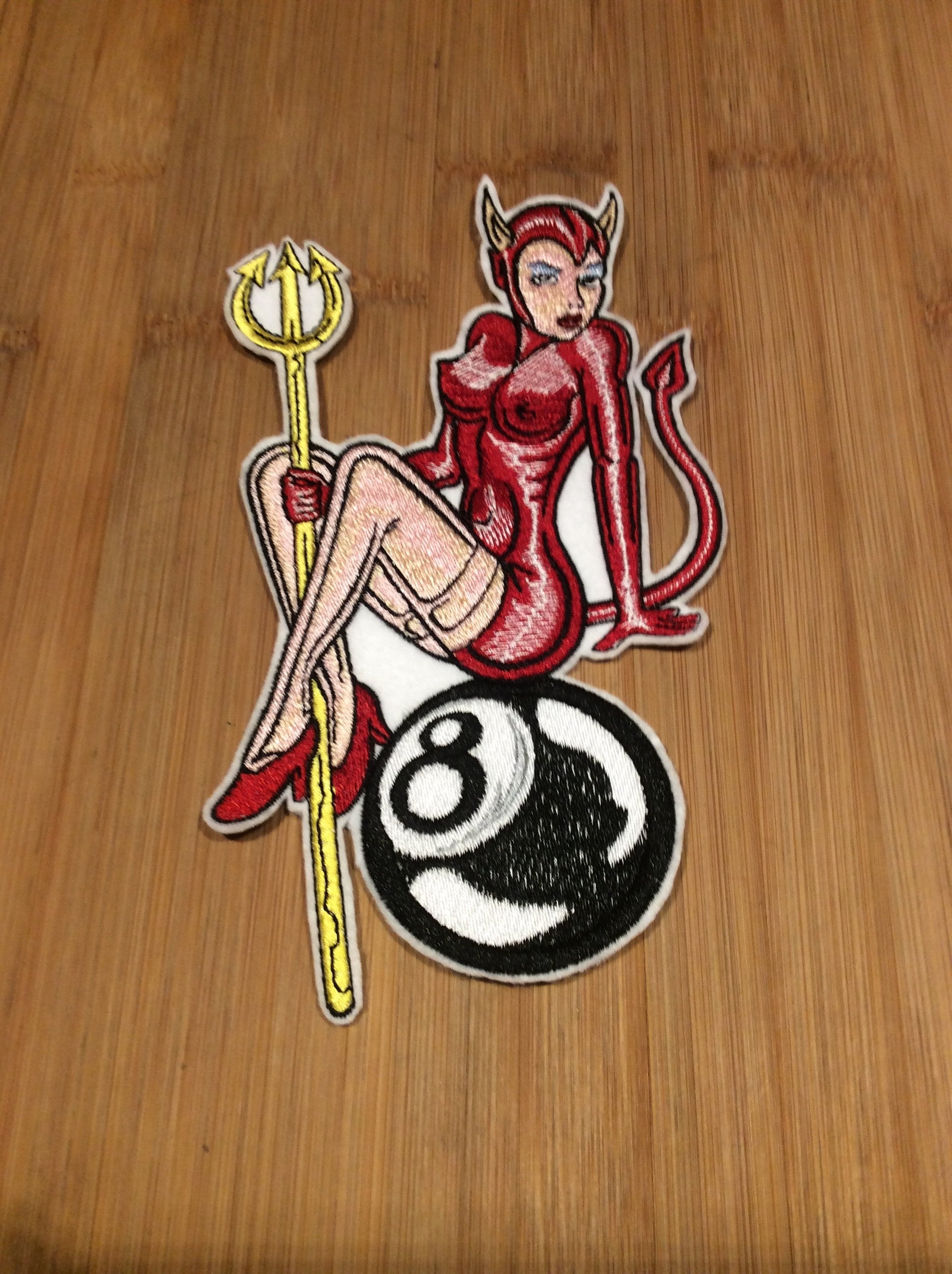 Embroidered Sexy Pin Up Devil Girl with Trident Riding an 8 Ball Patch Sew/Iron-On by Twistedstitcher 2018 Located in Abbotsford Bc Canada - Thumbnail 4