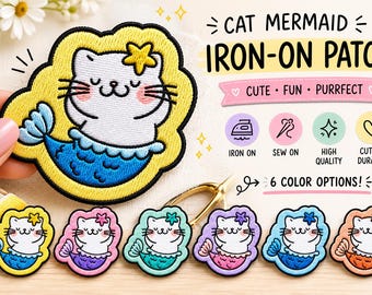 Mermaid Cat Embroidered Patch | Kawaii Kitty Iron-On Applique for Jackets, Bags