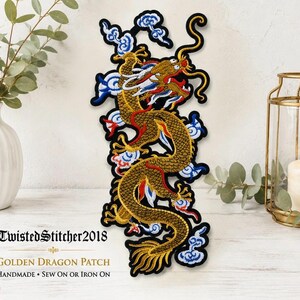 XL Asian Dragon Embroidered Patch, Gold, Red, Blue, White (15.75" x 6.69")