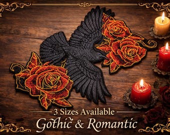 Raven and Red Roses Embroidered Patch – Gothic Dark Cottagecore Appliqué
