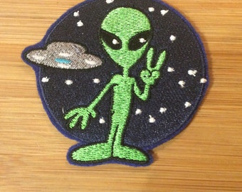 Embroidered Peace Alien with Spaceship  Sew/Iron-On Patch by Twistedstitcher 2018 Located in Abbotsford BC Canada