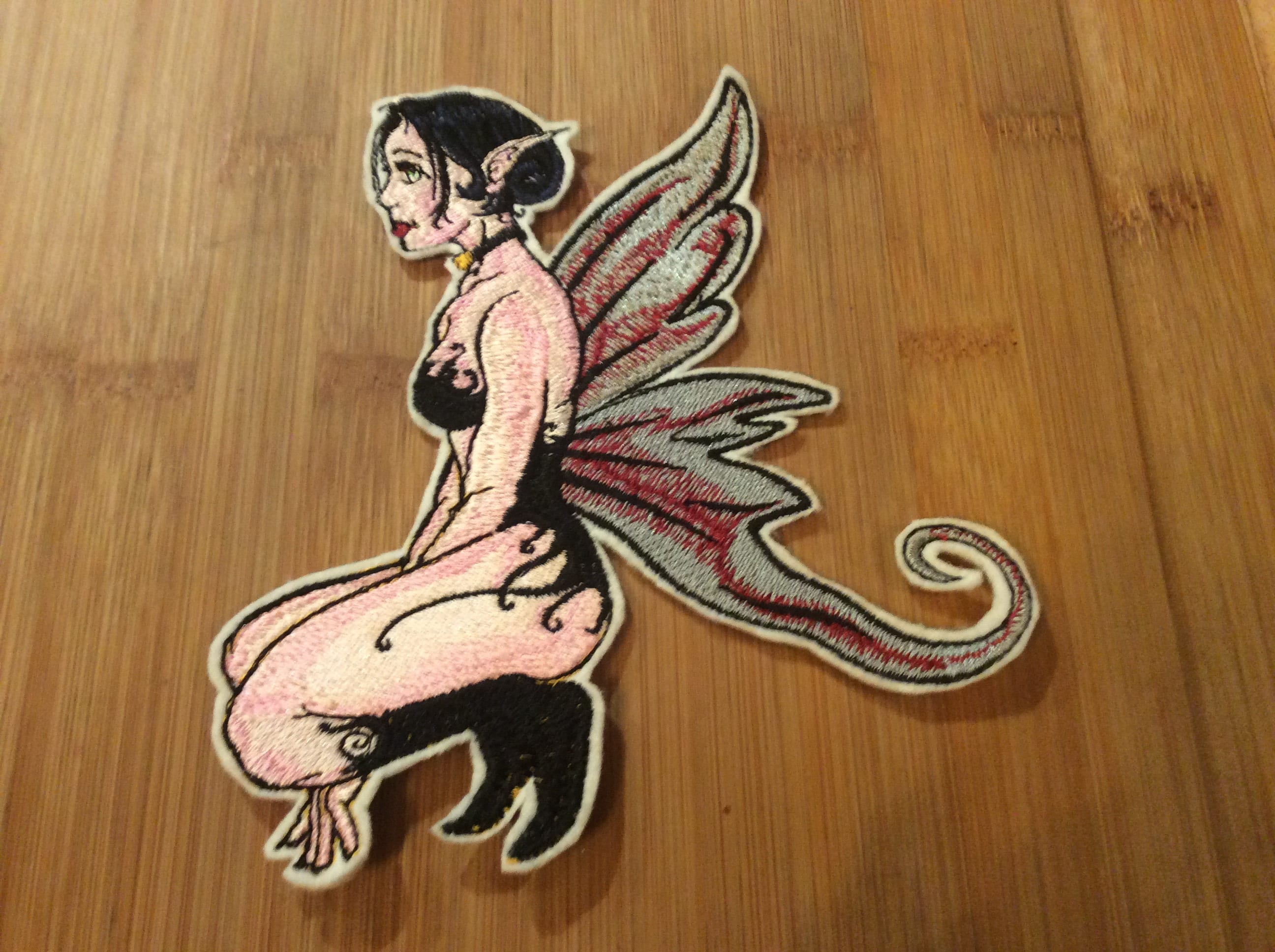 Embroidered Gothic Winged Fairy Creature with Elfin Ears Patch Sew/Iron-On by Twistedstitcher 2018 Located in Abbotsford BC Canada - Thumbnail 2
