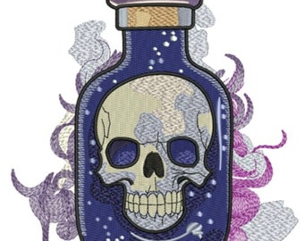 Embroidered Skull in Potion Bottle Patch Sew/Iron-on 5” x 6” inch Skull in Bottle by TwistedStitcher2018 Located in Abbotsford BC Canada