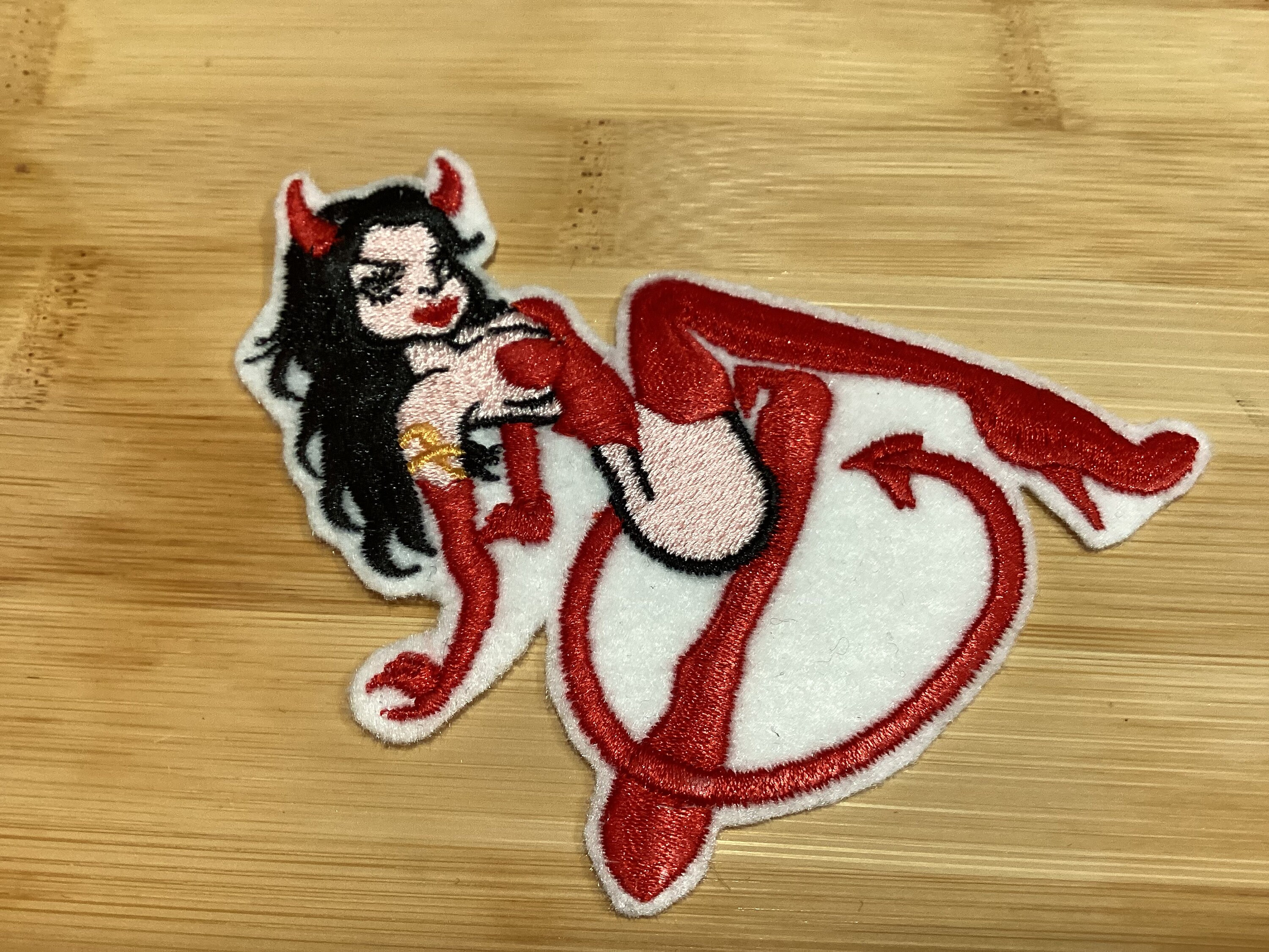 Embroidered Hotty Devil Girl Bad Girl Pin-Up Retro Tattoo Style Patch Sew/Iron-On by Twistedstitcher 2018 Located in Abbotsford Bc Canada - Thumbnail 7