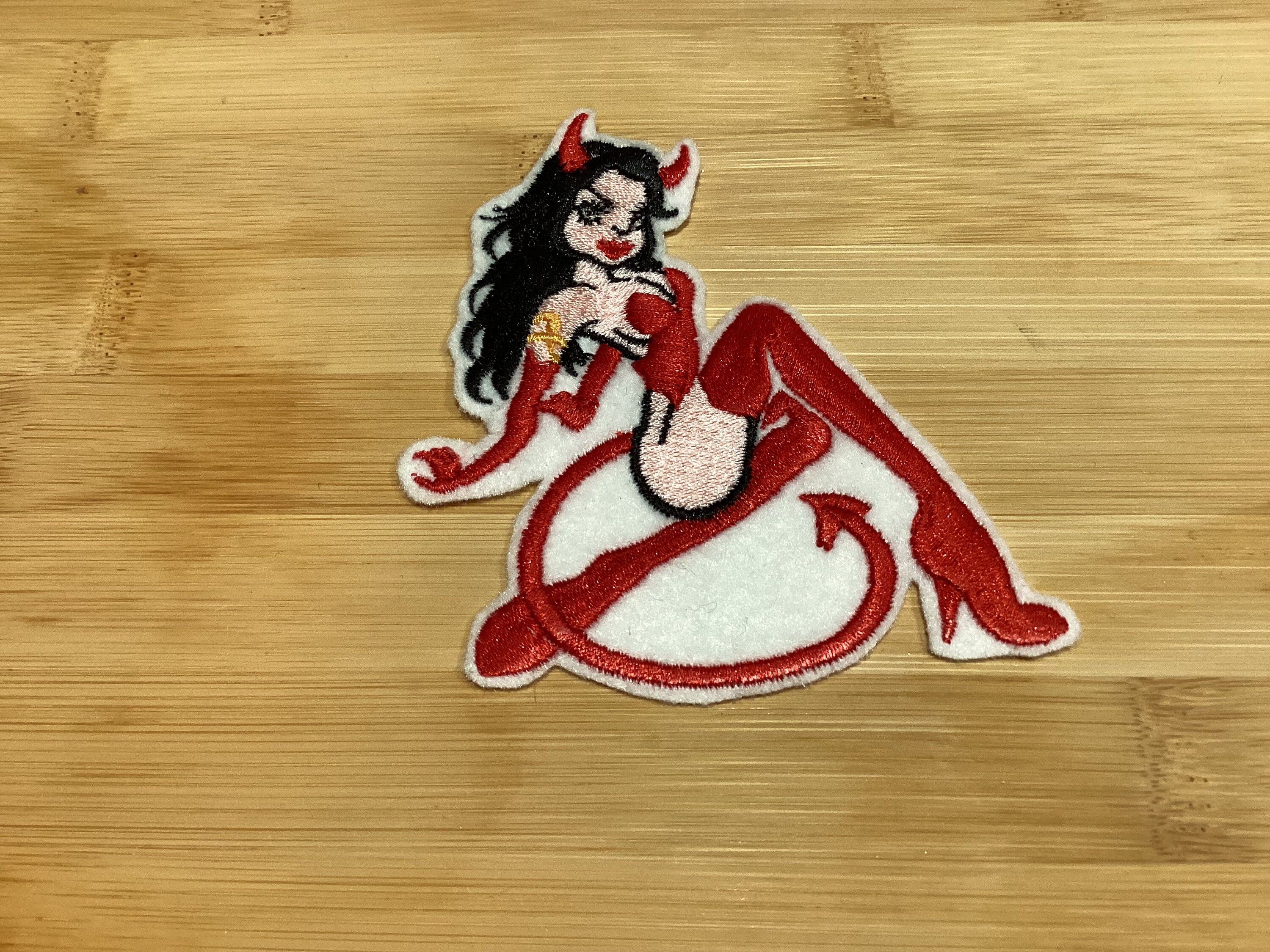 Embroidered Hotty Devil Girl Bad Girl Pin-Up Retro Tattoo Style Patch Sew/Iron-On by Twistedstitcher 2018 Located in Abbotsford Bc Canada - Thumbnail 3
