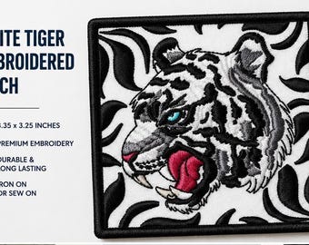 White Tiger Embroidered Patch, Fierce Animal Head Applique (3.35 x 3.25 inches)