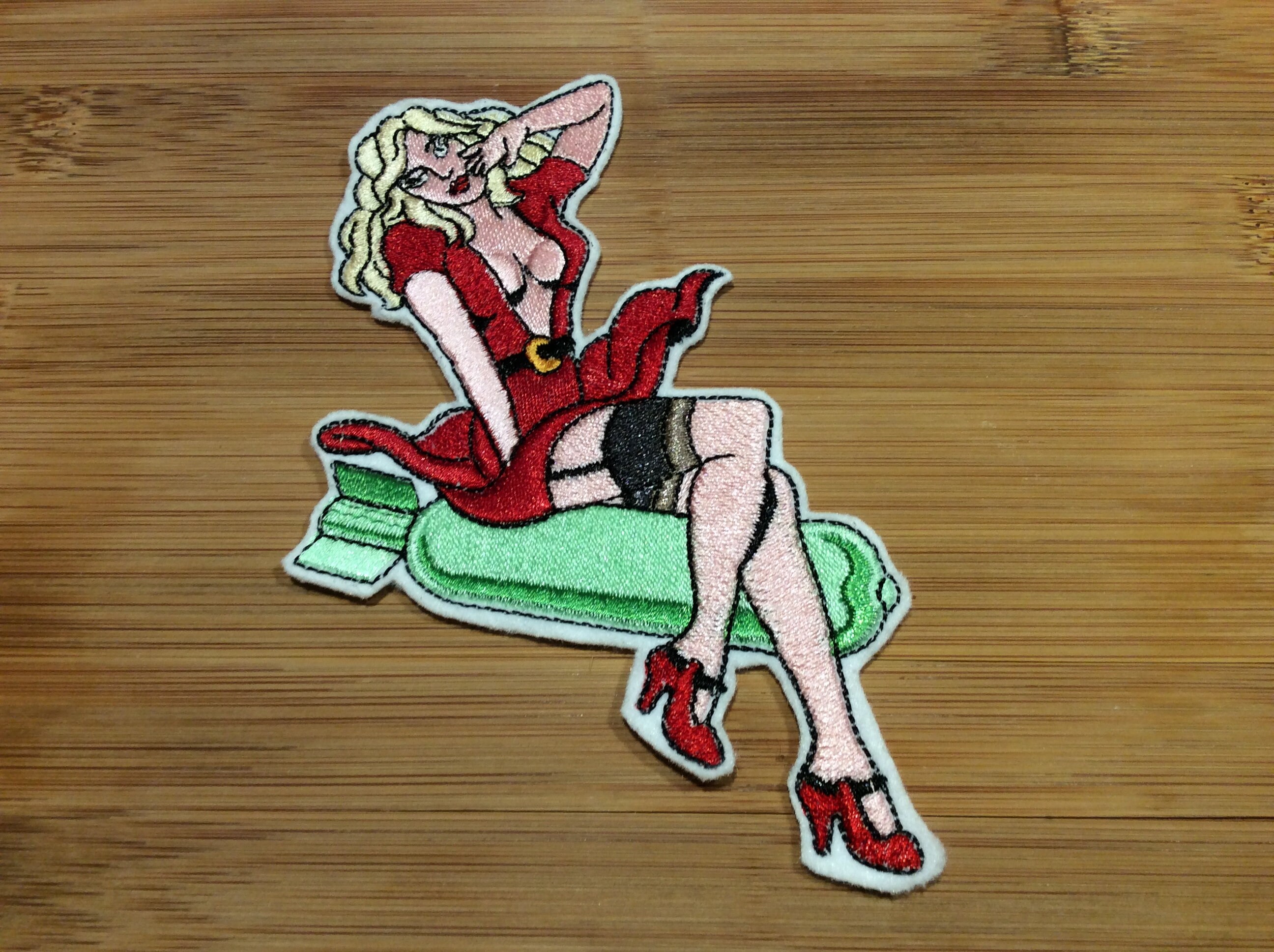 Embroidered Blonde Bombshell Pin-Up Girl Tattooed Style Patch Women Riding A Bomb by Twistedstitcher 2018 Located in Abbotsford BC Canada - Thumbnail 2