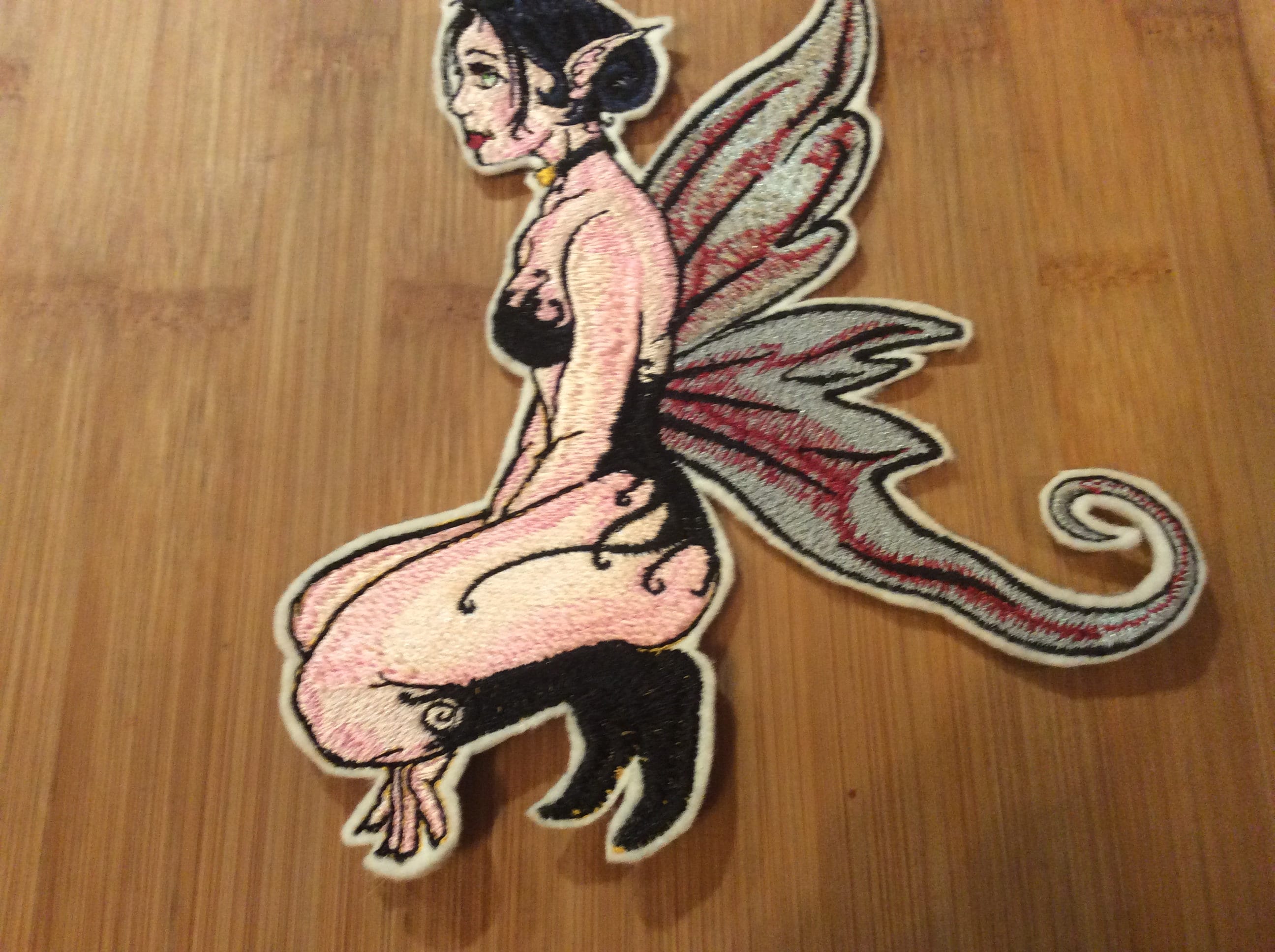 Embroidered Gothic Winged Fairy Creature with Elfin Ears Patch Sew/Iron-On by Twistedstitcher 2018 Located in Abbotsford BC Canada - Thumbnail 4