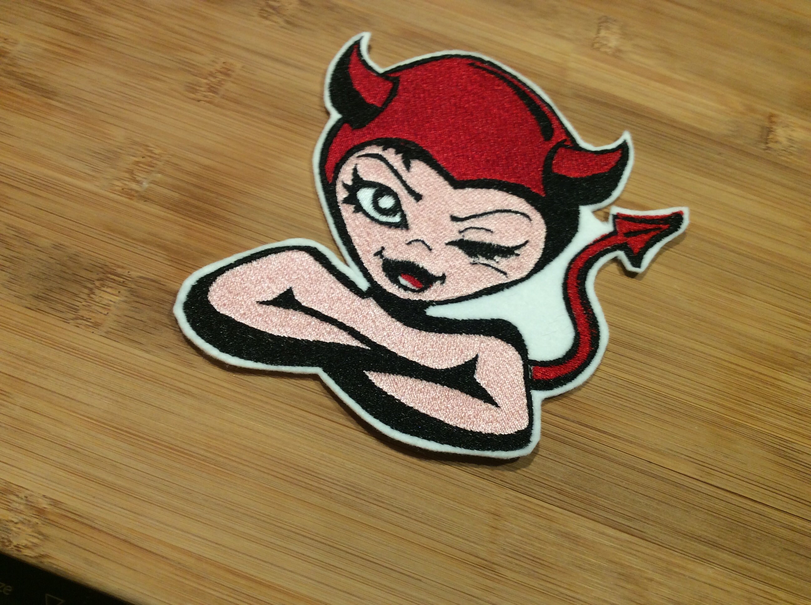 Embroidered Winking Devil Girl Patch Sew/Iron-On by Twistedstitcher 2018 Located in Abbotsford Bc Canada - Thumbnail 7