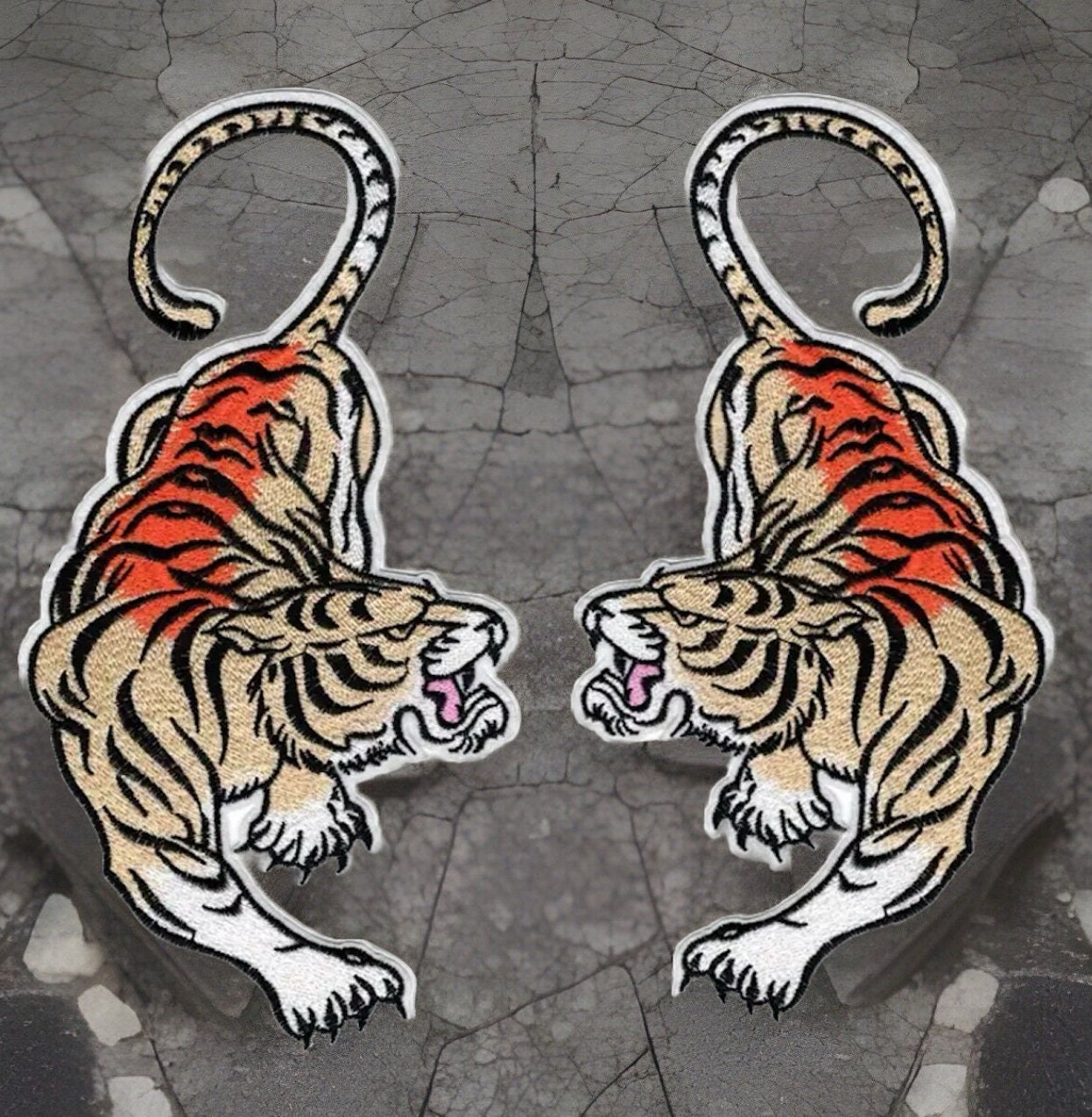 Beautiful Pair of Tigers Iron-On Embroidered Patch Large 10.5” x5.50” inches Roaring Tigers by Twistedstitcher2018 Abbotsford Bc Canada - Thumbnail 2
