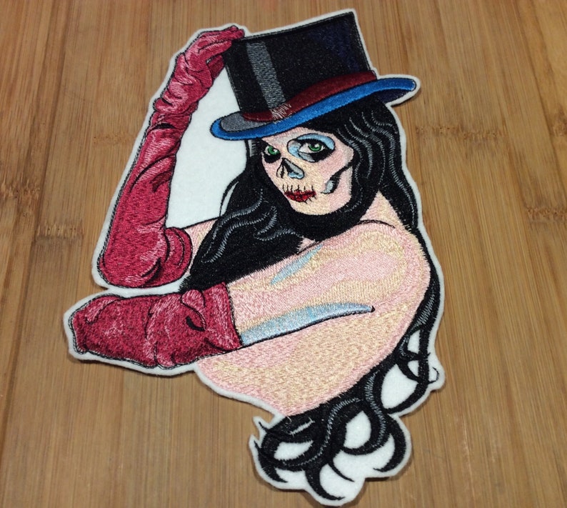 Embroidered Sugar Skull Face Girl with Top Hat Patch 7\u201d x 9\u201d inch by Twistedstitcher2018 Located in Abbotsford BC Canada