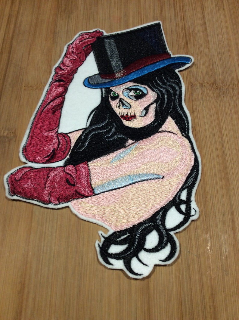 Embroidered Sugar Skull Face Girl with Top Hat Patch 7\u201d x 9\u201d inch by Twistedstitcher2018 Located in Abbotsford BC Canada