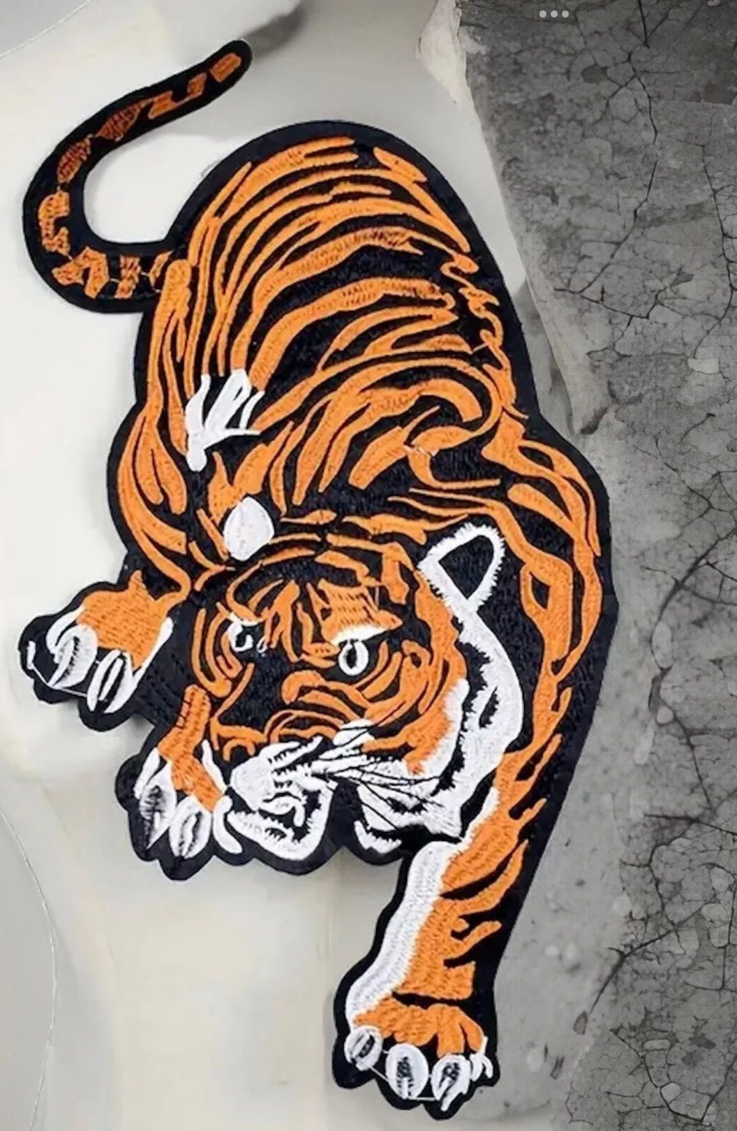 Beautiful Tiger Iron-On Embroidered Patch Large 13”x6.69” Jacket Back Prowling Tiger by Twistedstitcher 2018 Located in Abbotsford Bc Canada