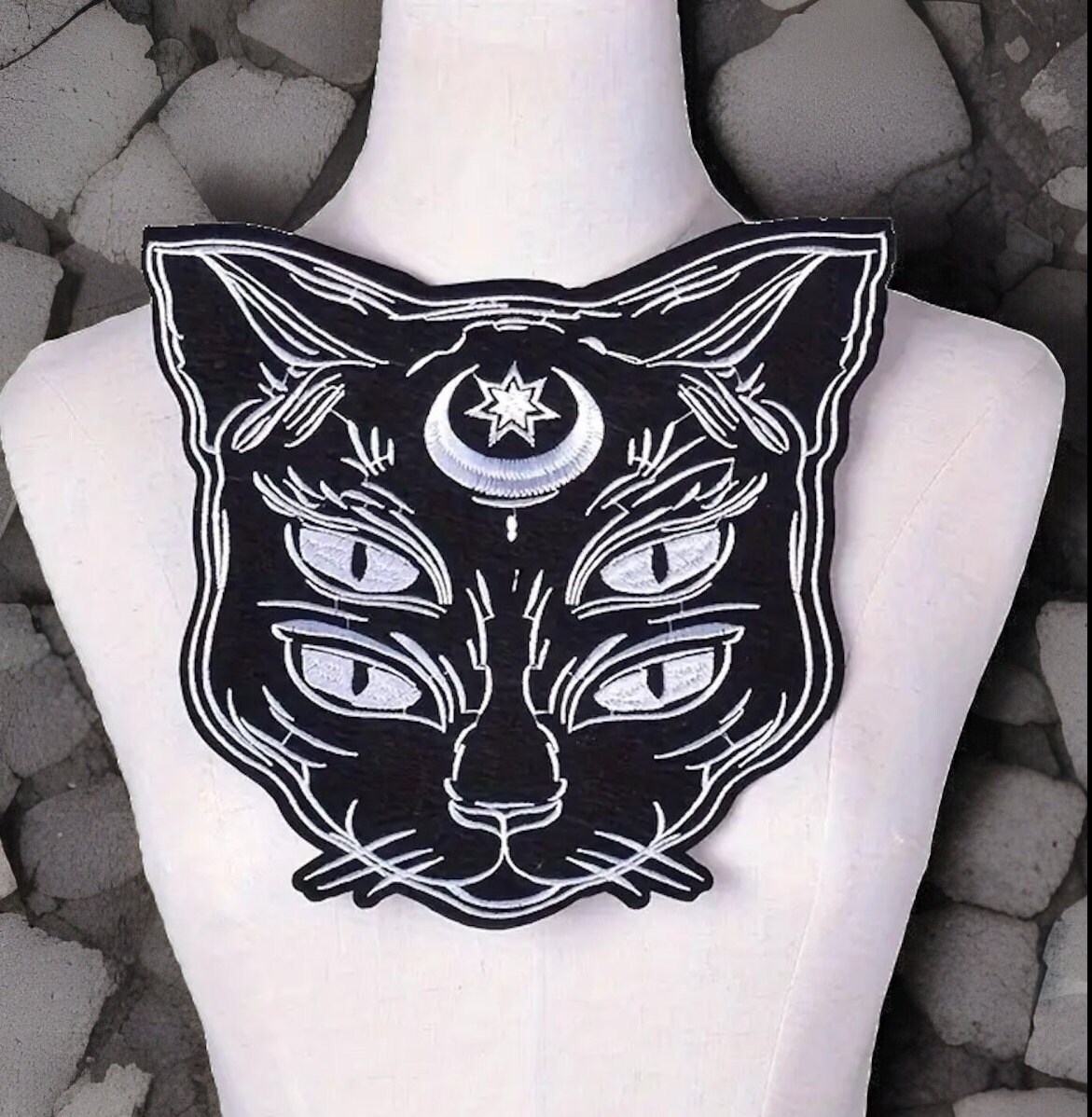 Embroidered Mystical Star/Moon 4 Eyed Black Cat Iron On Back Patch 9.84”x 9.25”Witchy Cat Twistedstitcher 2018 Located Abbotsford BC Canada - Thumbnail 4