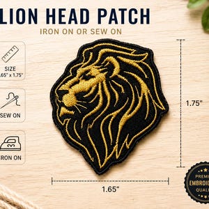 May include: Embroidered lion head patch in black and gold, measuring 4.19 x 4.45 cm. The patch has the text "LION HEAD PATCH" and "IRON ON OR SEW ON". It is labeled as premium embroidered quality.