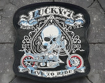 Embroidered Lucky 7 Live to Ride Motorcycle Biker Iron on XL Back Patch 9.65x10” by Twistedstitcher 2018 Located in Abbotsford BC Canada