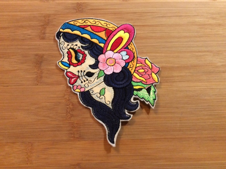 Embroidered Day of the Dead Sugar Skull Mujer Lady Patch 6.50\u201d x 4.25\u201d Back Patch by Twistedstitcher 2018 Located in Abbotsford BC Canada