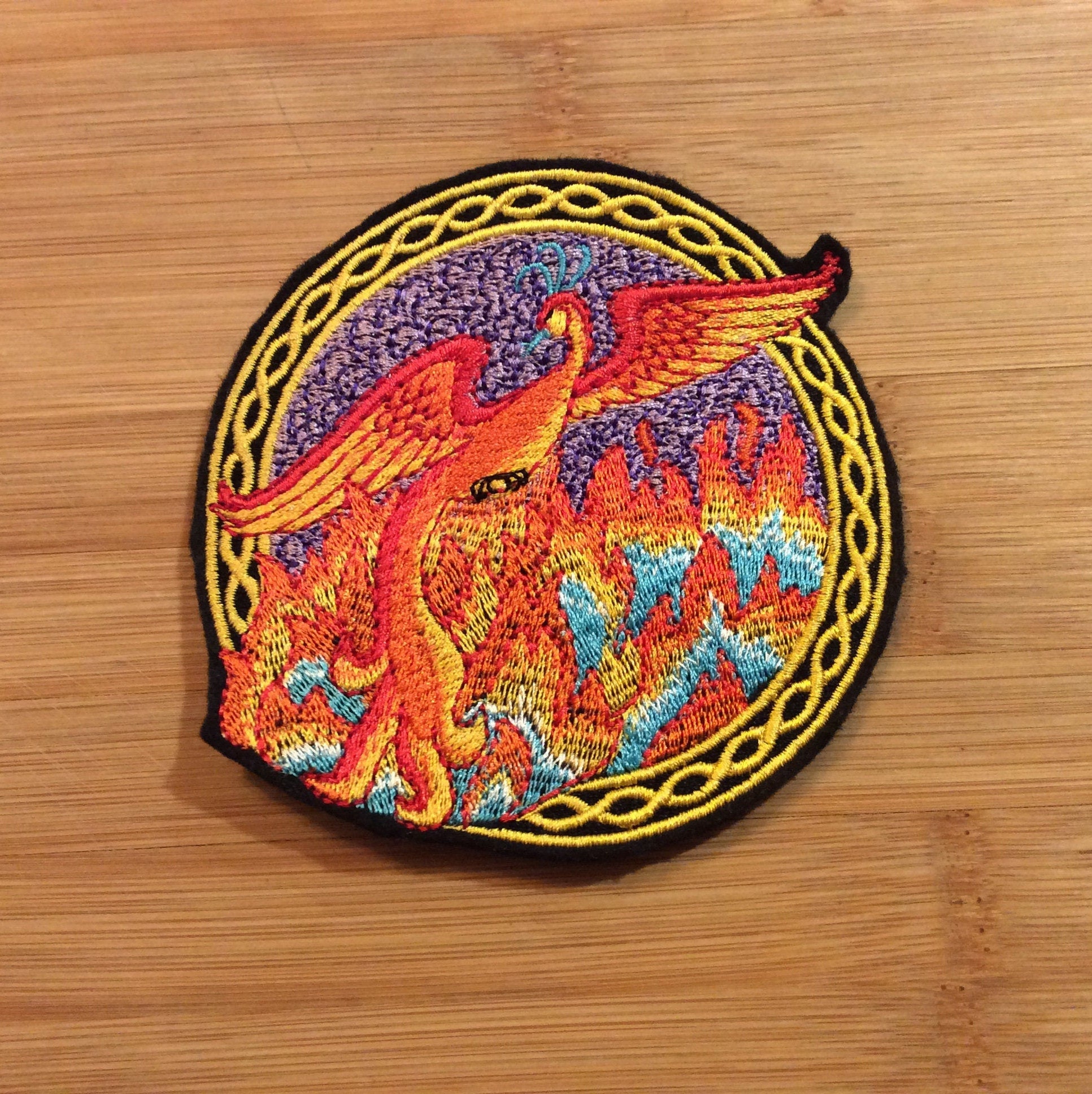 Embroidered Mystical Phoenix Rising from Flames Sew/Iron-On Patch Celtic Border by Twistedstitcher 2018 Located in Abbotsford BC Canada