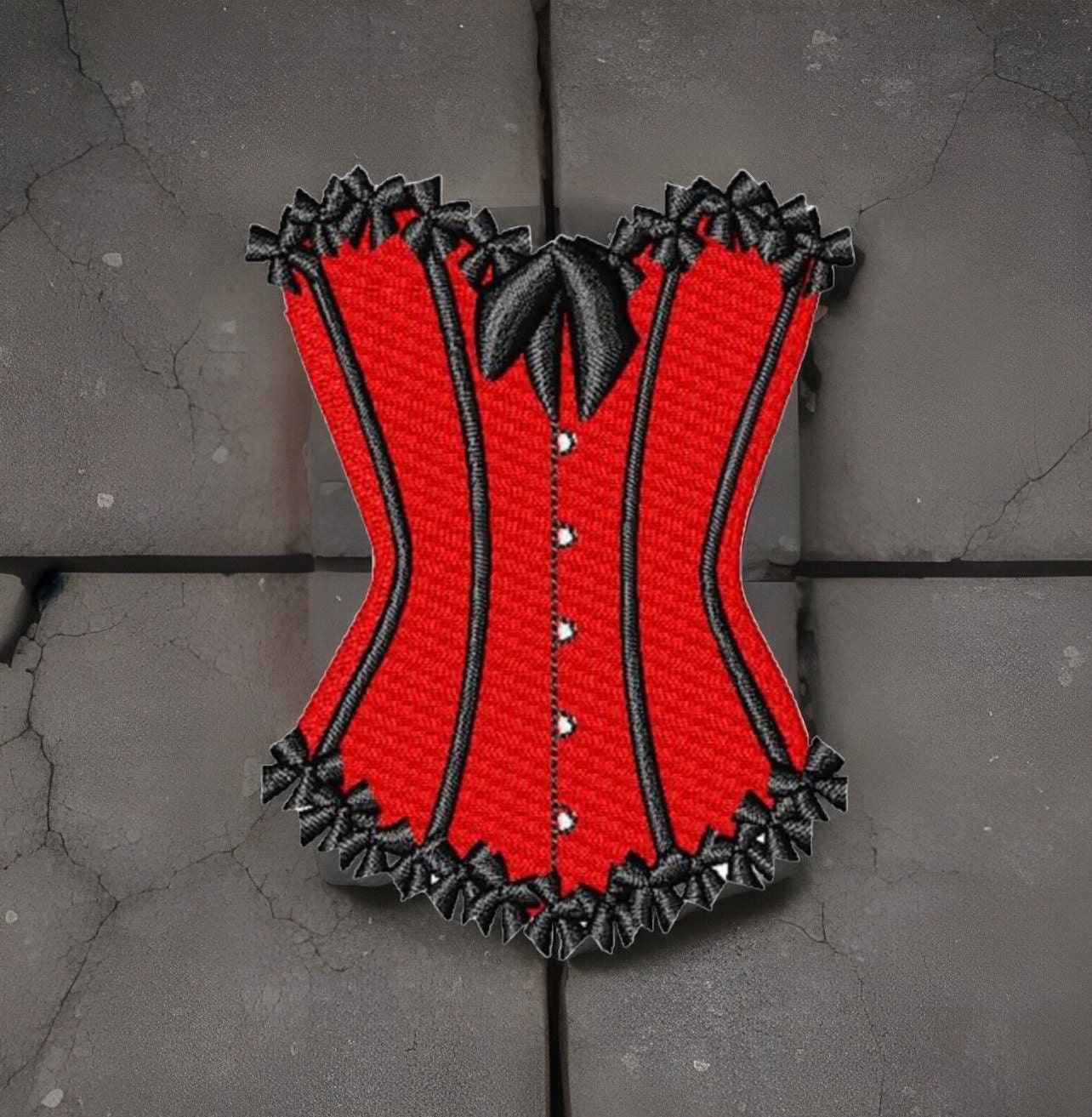Embroidered Sexy Red Corset Patch Sew/Iron-On Style 3.53" W x 4.60" H by Twistedstitcher2018 Located in Abbotsford BC Canada - Thumbnail 3