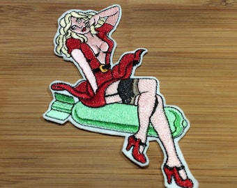 Embroidered Blonde Bombshell Pin-Up Girl Tattooed Style Patch Women Riding A Bomb by Twistedstitcher 2018 Located in Abbotsford BC Canada