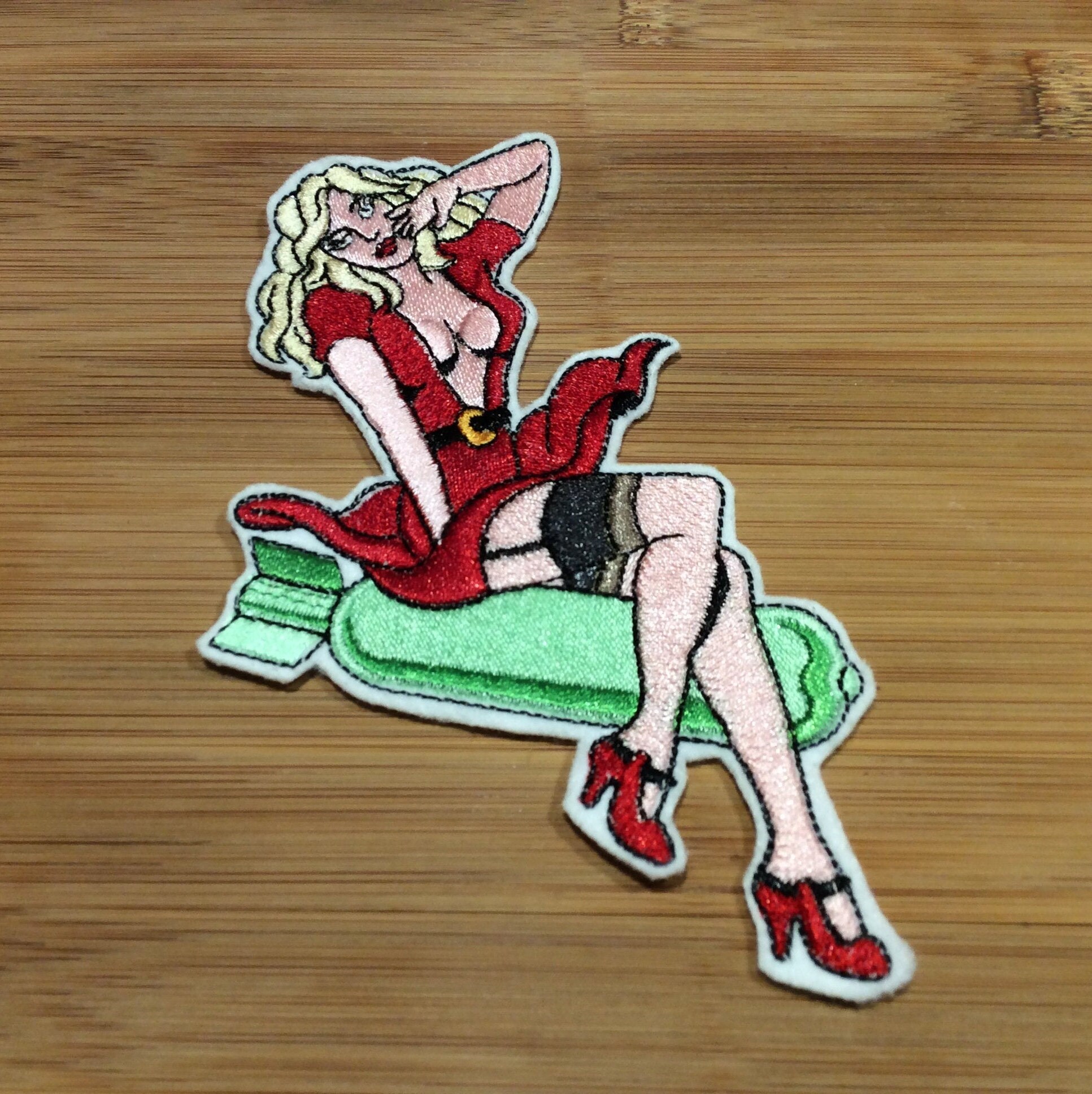 Embroidered Blonde Bombshell Pin-Up Girl Tattooed Style Patch Women Riding A Bomb by Twistedstitcher 2018 Located in Abbotsford BC Canada