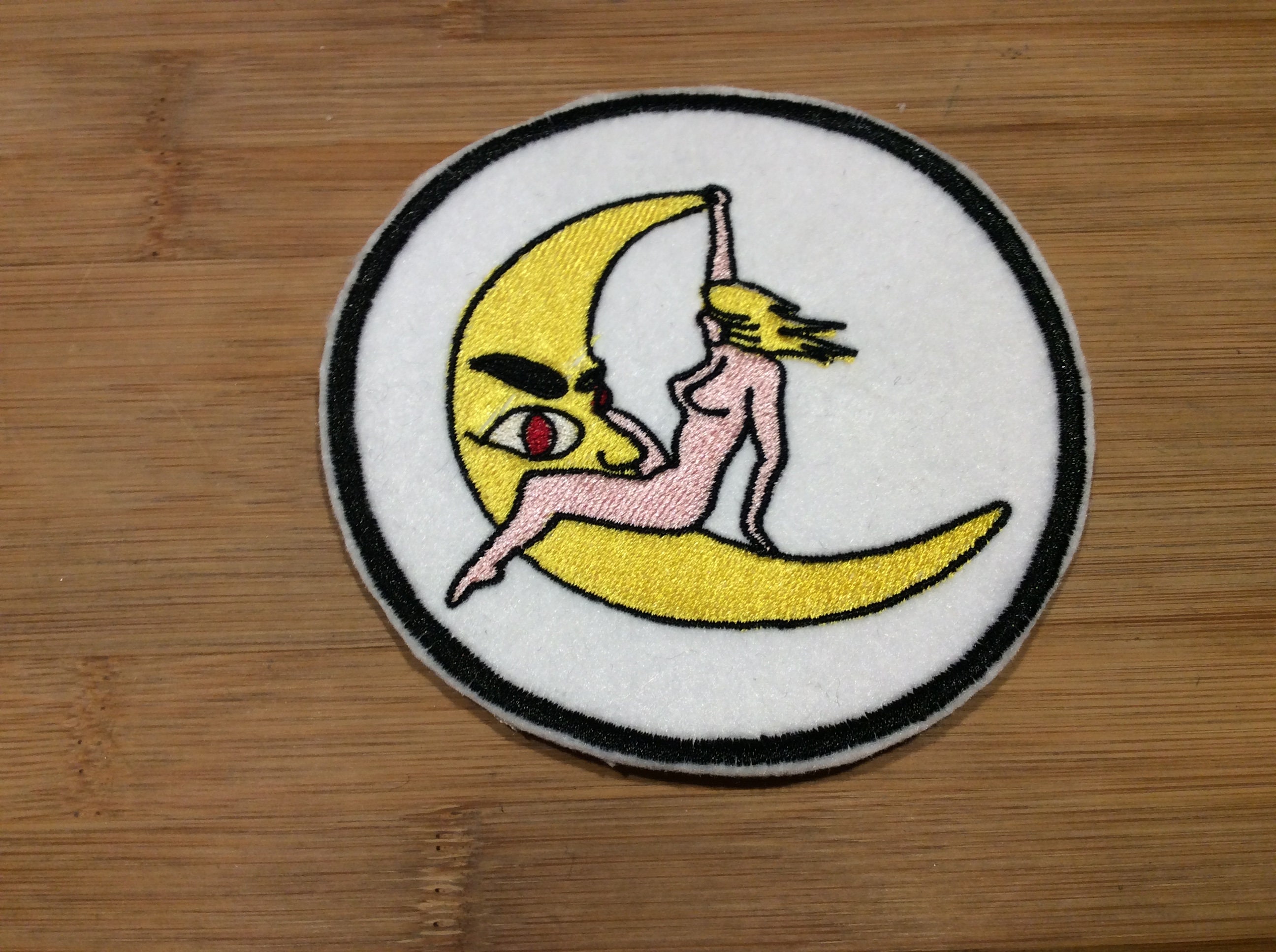 Embroidered Retro Nude Pin-Up Girl Riding Crescent Moon Art Patch by Twistedstitcher 2018 Located in Abbotsford BC Canada - Thumbnail 3