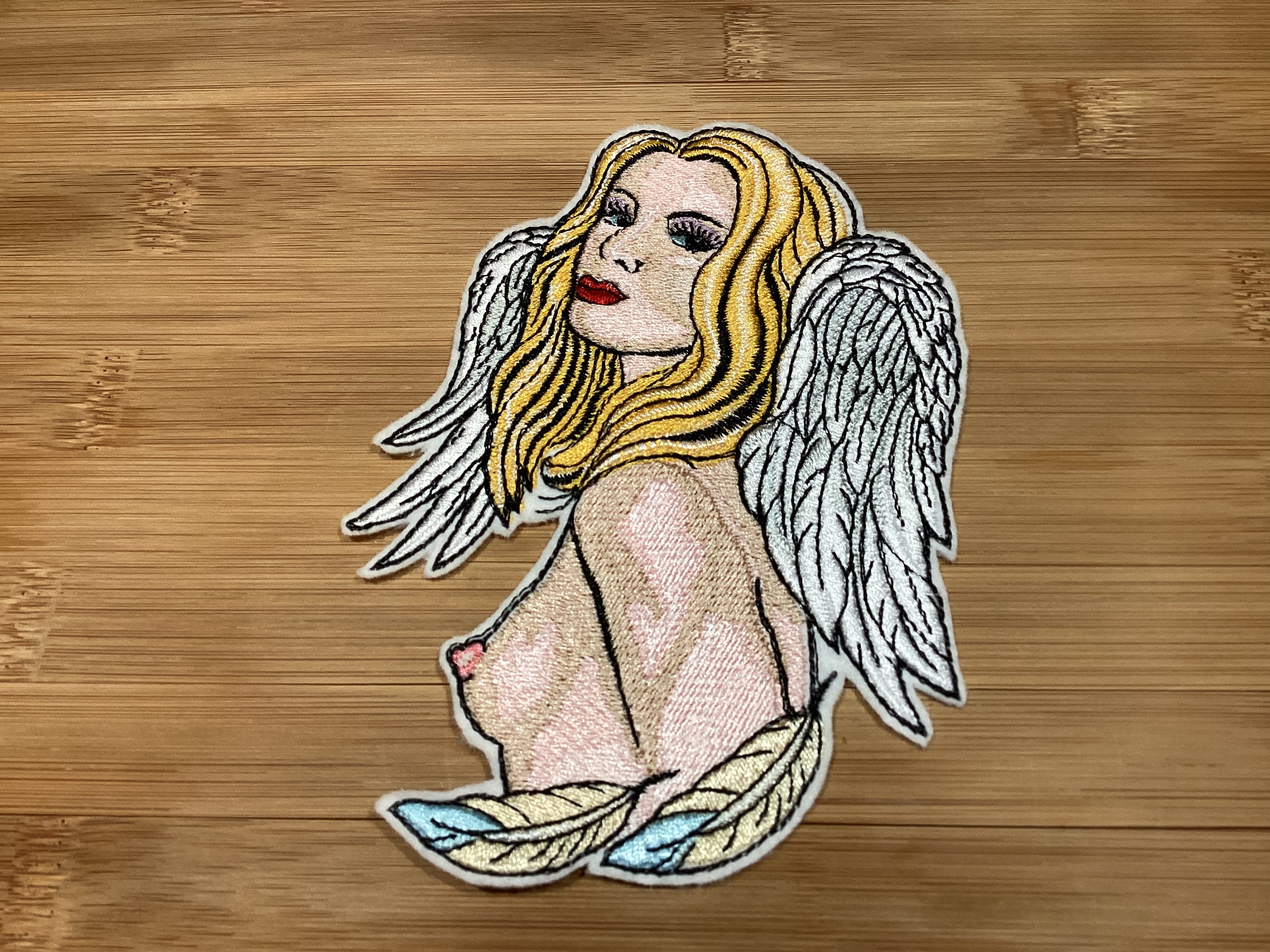 Embroidered Semi-Nude Angel with White/Blue Feathers Sew/Iron-On Patch by Twistedstitcher 2018 Located in Abbotsford BC Canada - Thumbnail 4