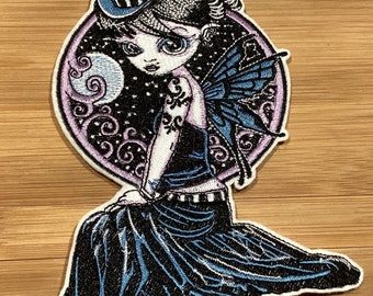 Embroidered Gothic Steampunk Fairy Patch: Winged Creature, Top Hat, Sew/Iron-On (3 Sizes)