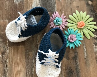 Blauw-witte gehaakte babyschoentjes, pasgeboren schoentjes (0-6 maanden)