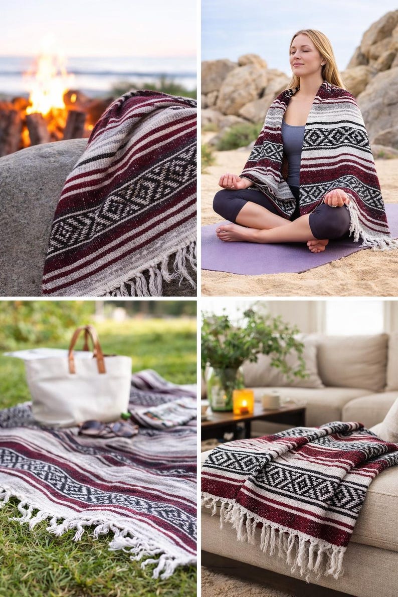 Authentic Mexican Blanket / Yoga Blanket / Baja Blanket / Handwoven Falsa Serape Throw / Picnic /Beach / Boho Home Decor / Camping image 10