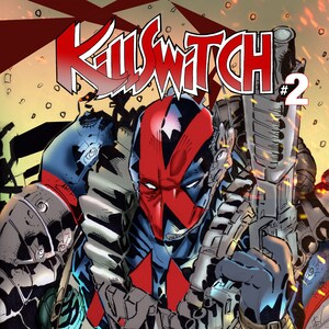 May include: A comic book cover featuring a red and blue superhero with a red mask and a large gun. The title of the comic is "KILLSWITCH #2" and the logo for "Wicked Comics" is in the bottom right corner.