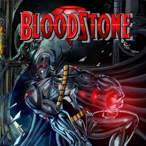 Pode incluir: Uma capa de banda desenhada com um super-herói com um fato preto e prateado com um diamante vermelho no peito. O super-herói está a segurar um orbe vermelho brilhante na sua mão e está de pé sobre um monstro derrotado. O título da banda desenhada é "BLOODSTONE".