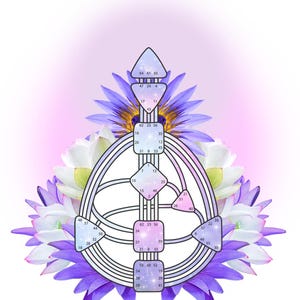 May include: A Human Design bodygraph chart featuring geometric shapes filled with a purple and blue galaxy pattern, overlaid on a background of blooming purple and white lotus flowers with a soft pink glow at the top.