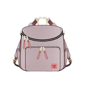 Può includere: Uno zaino rosa chiaro con una cerniera nera e un anello dorato in cima. Lo zaino ha una piccola tasca sul davanti con il testo "Your Logo" in nero.