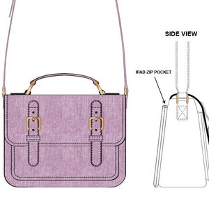 Puede incluir: Un bolso de mano de color lavanda con dos hebillas y un asa superior. El bolso tiene una correa para llevarlo al hombro. El bolso tiene un bolsillo lateral etiquetado como "iPad Zip Pocket".