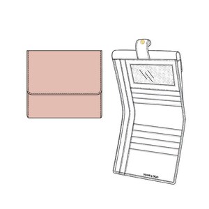 以下が含まれることがあります： ピンクの革製の財布で、折り畳み式のフラップと現金用の別々のコンパートメントがあります。財布は開いており、複数のカードスロットと透明なIDウィンドウが見えます。財布の内側には「YOUR LOGO」という文字が印刷されています。