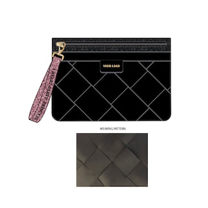 Woven Evening Clutch With Glitter Wristlet| Customizable Mass Production Tech Pack | Up to Scale | Not Paper Patterns