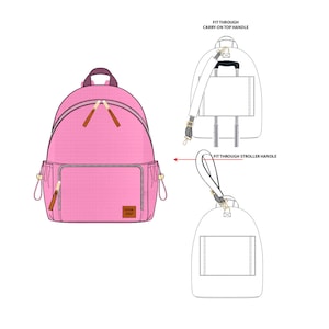 Puede incluir: Mochila rosa con cierre de cremallera y un pequeño bolsillo en la parte delantera. La mochila tiene una correa que se puede sujetar a un cochecito o al asa de un equipaje de mano. "Fit through stroller handle" y "Fit through carry-on top handle" están escritos en la imagen.