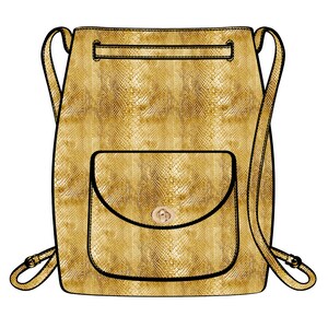 May include: A gold snakeskin-patterned backpack with a flap pocket and a gold button closure. The backpack has adjustable straps.