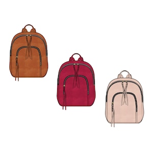 May include: Three different colored mini backpacks. The first backpack is brown, the second is red, and the third is pink. Each backpack has a zipper closure and a tassel.