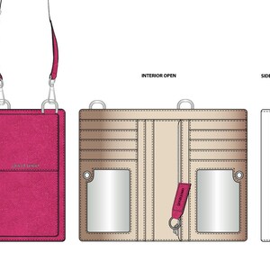 May include: A pink crossbody wallet with a silver chain strap and the word "DOUBLJU" printed on the front. The wallet is open to reveal a beige interior with multiple card slots and a clear ID window.