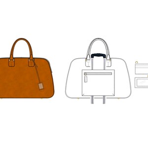 May include: A brown leather travel bag with a gold zipper and a small tag. A white outline of the same bag with a black handle and a zippered pocket is shown next to it. Two small white outline pouches with gold zippers are shown on the right side of the image.