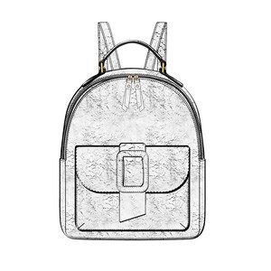 May include: A white leather backpack with a large buckle closure and a top handle. The backpack has a zipper closure and adjustable straps.