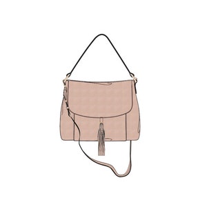May include: A blush-colored leather shoulder bag with a tassel and a long strap.