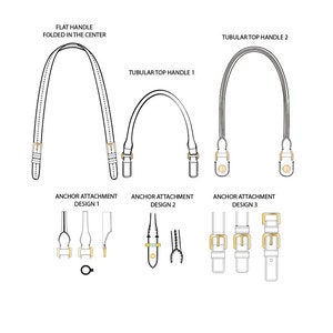 Mega bundle - Manici tubolari x 2 / Cinghie per manici piatti x 1 / Disegni per attacchi di ancoraggio x 3 / Disegni per borse extra x 2 / Modelli non in carta