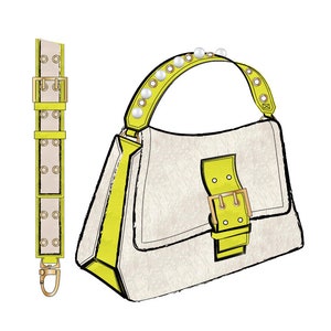 May include: A white and yellow shoulder bag with a yellow strap and a gold buckle. The strap has pearl accents.