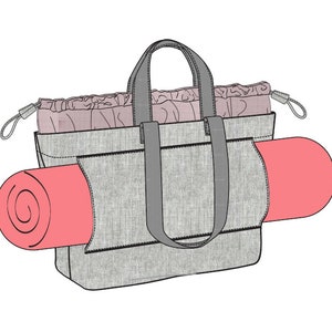 May include: A gray tote bag with a pink drawstring pouch inside and a rolled up pink yoga mat sticking out of the side.
