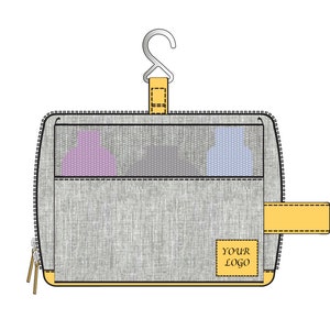 May include: Gray toiletry bag with a yellow zipper pull and a yellow strap. The bag has a mesh pocket with two clear compartments for bottles. The bag has a yellow label that says "YOUR LOGO".